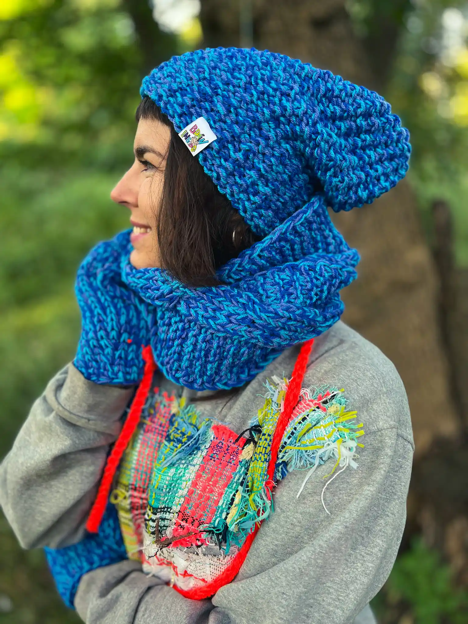 Luźna czapka MERINO 100% "Niebieskości" NEVERLAND + podszewka BAWEŁNA