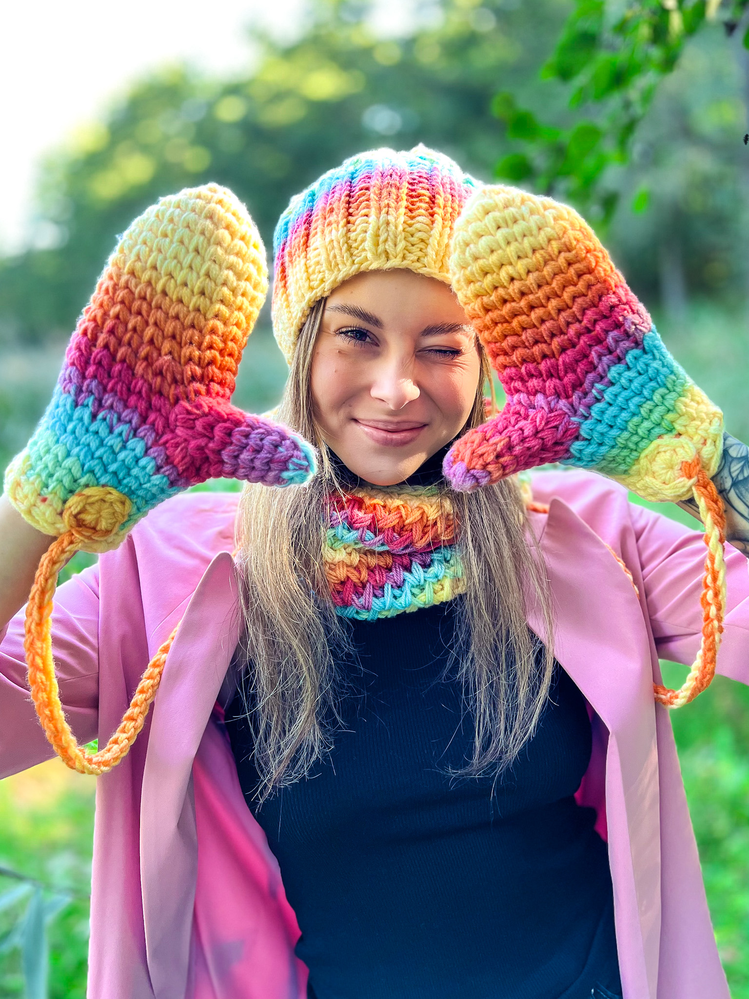 Rękawiczki handmade ze sznureczkiem cieniowane cytrusy