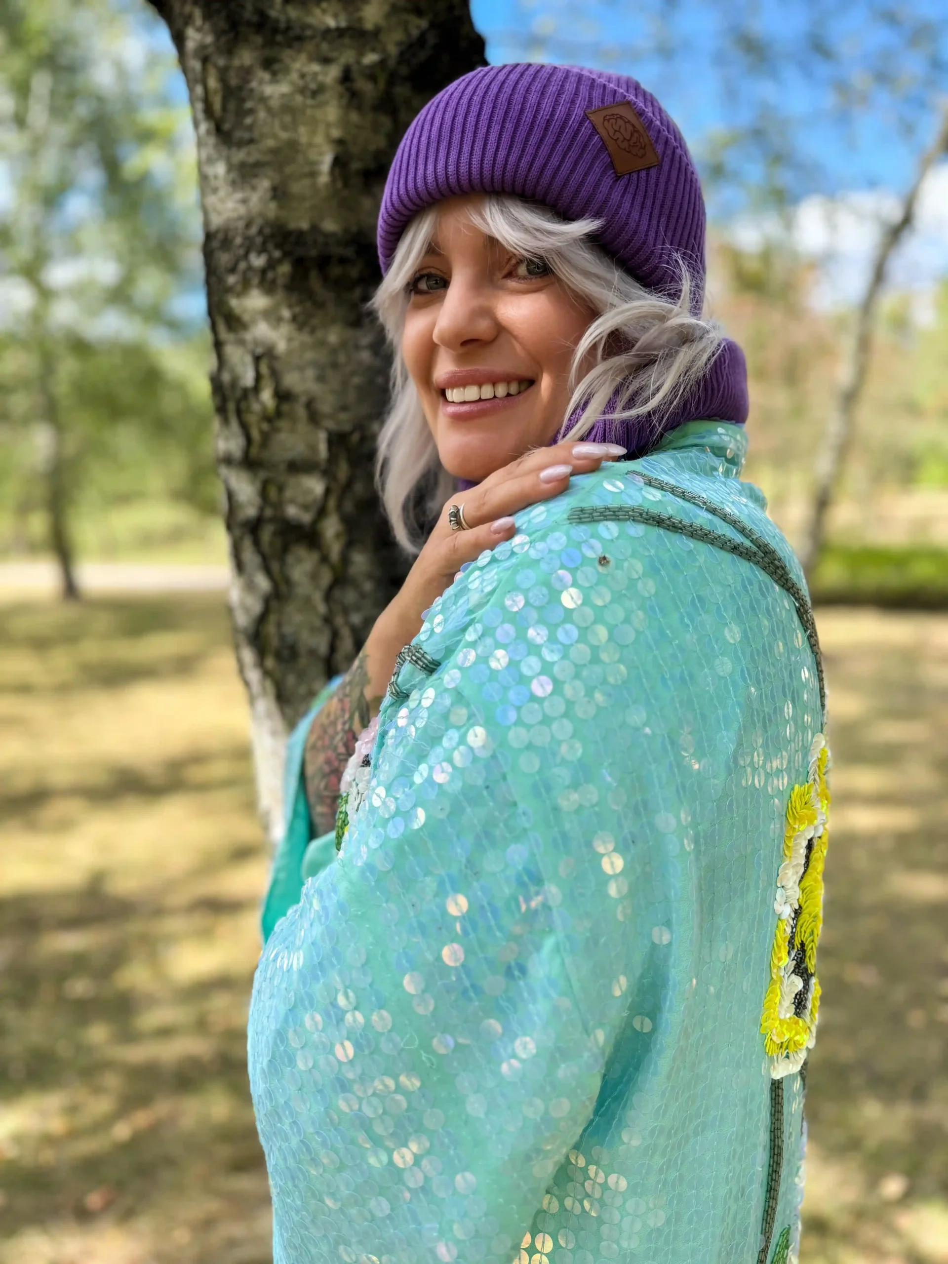 Bawełniana czapka beanie logo ekoskórka "Fiolet" - obrazek 2
