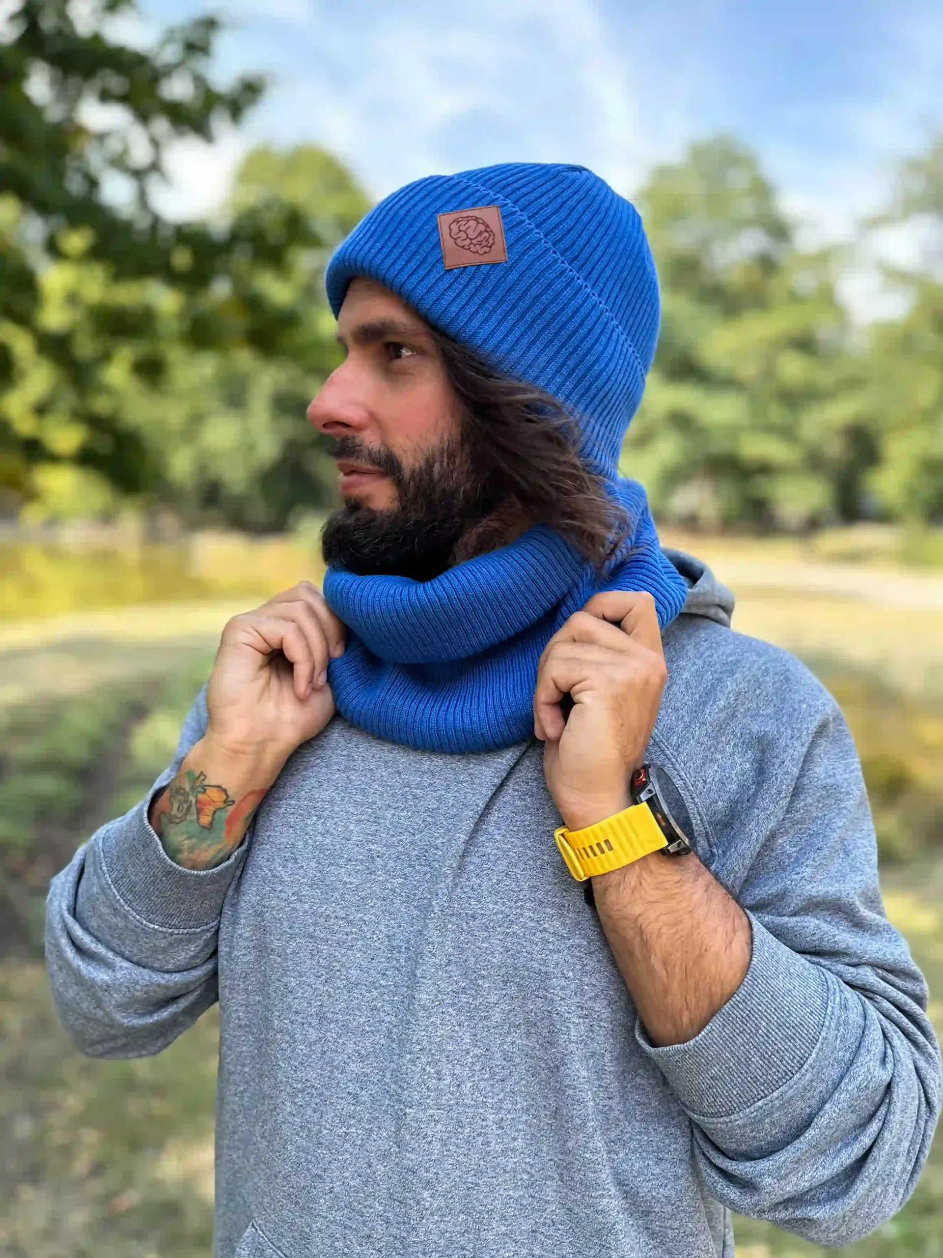 Męska bawełniana czapka beanie logo ekoskórka "Niebieski Kobalt" - obrazek 7