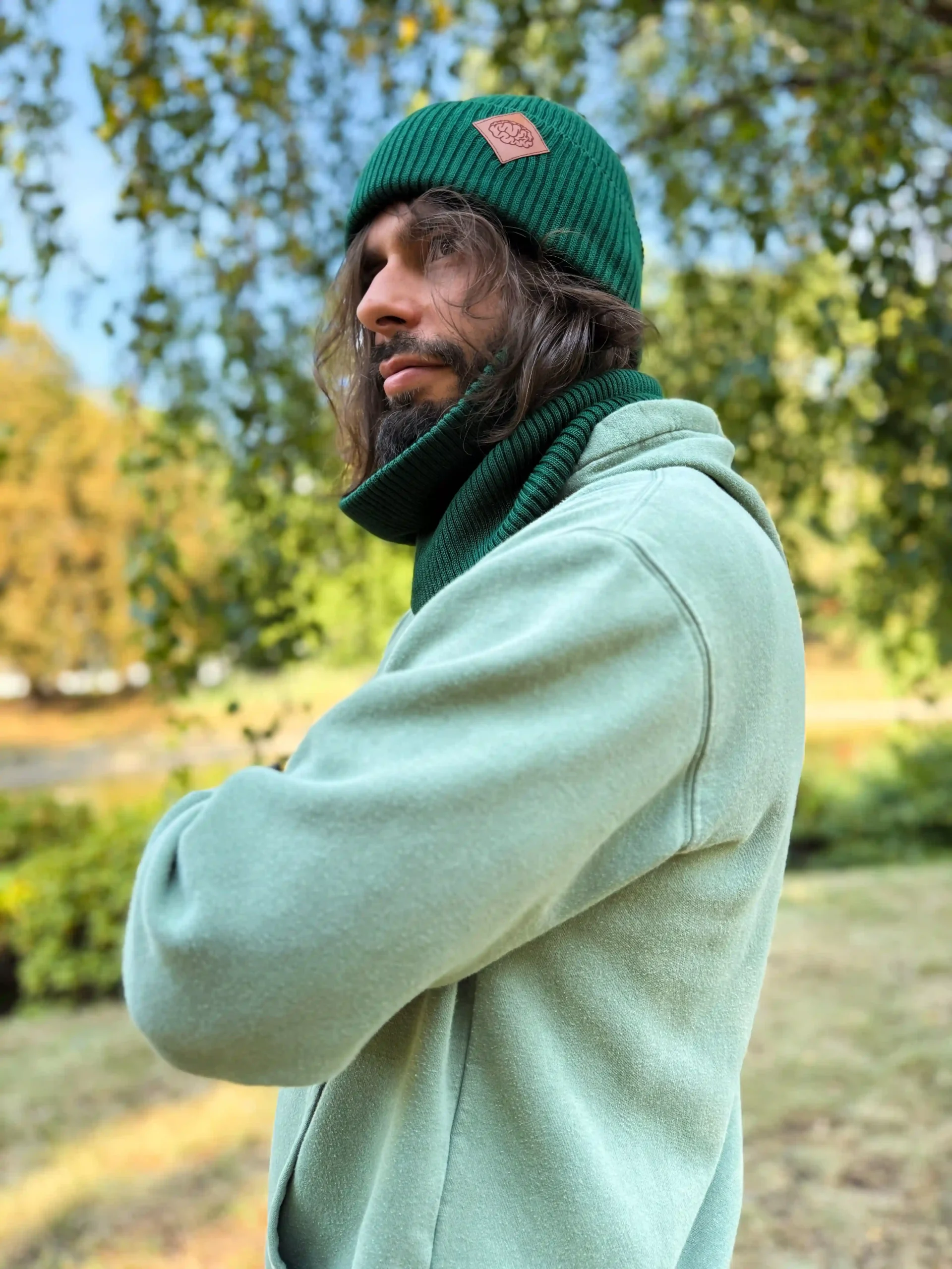 Męska bawełniana czapka beanie logo ekoskórka "Zielony" - obrazek 5