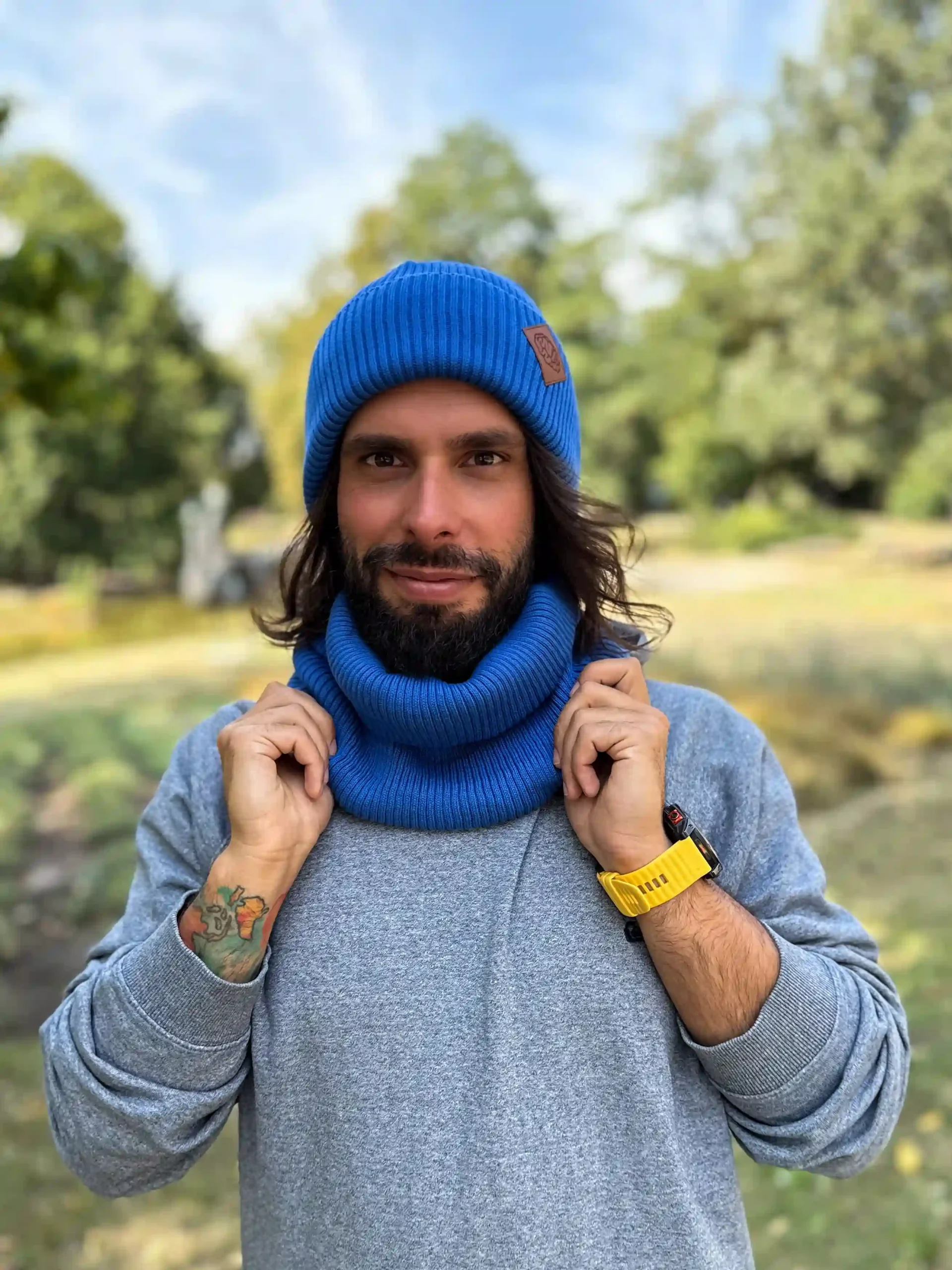 Męska bawełniana czapka beanie logo ekoskórka "Niebieski Kobalt"