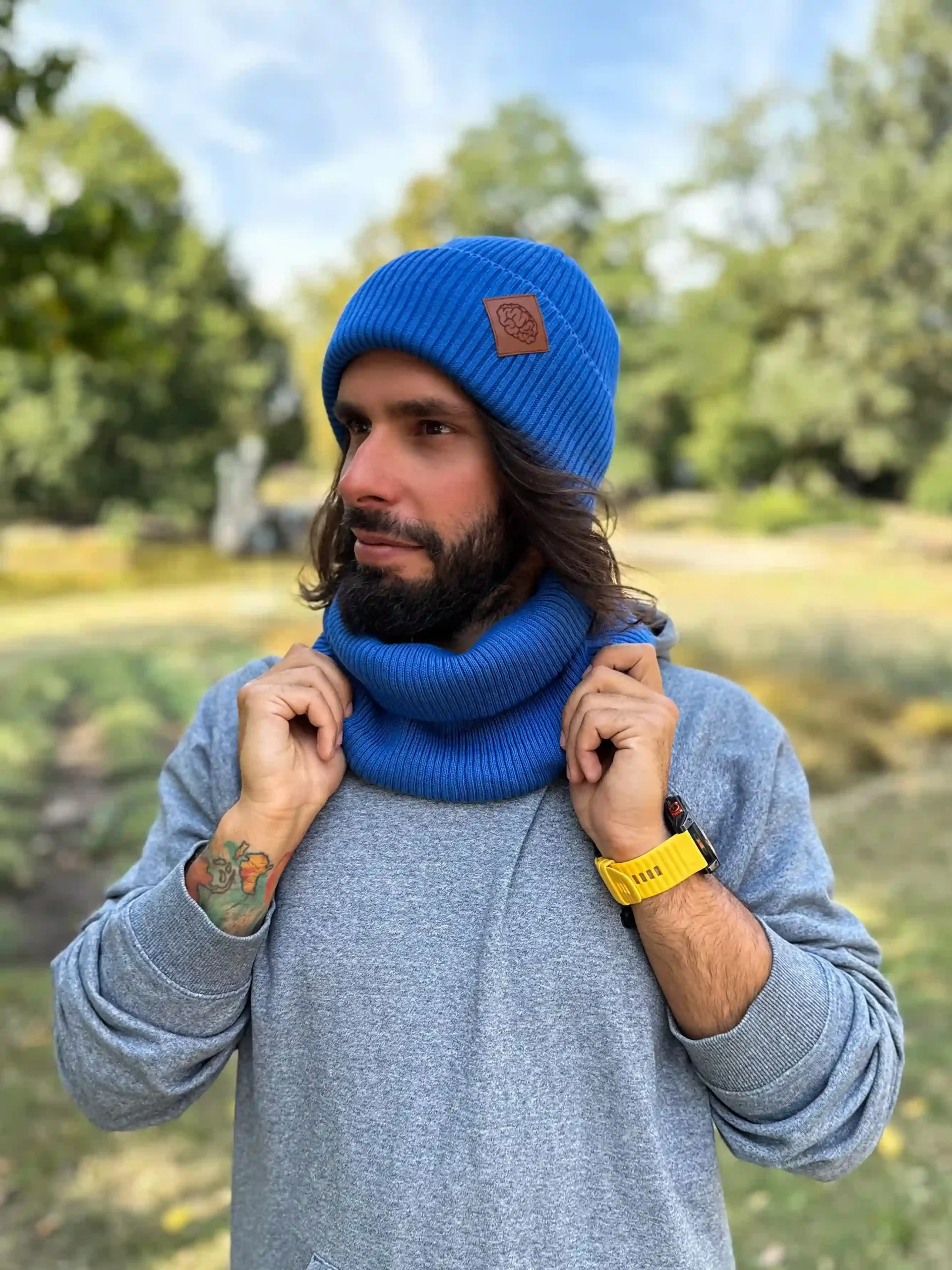 Męska bawełniana czapka beanie logo ekoskórka "Niebieski Kobalt" - obrazek 6