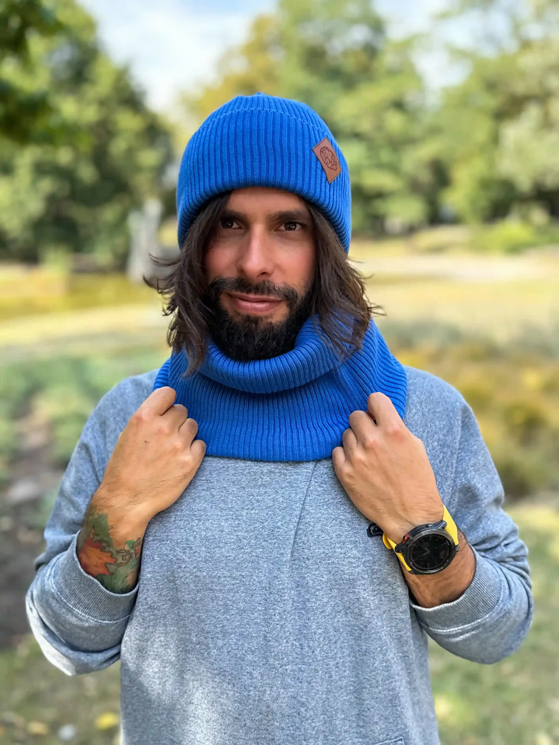 Męska bawełniana czapka beanie logo ekoskórka "Niebieski Kobalt" - obrazek 4