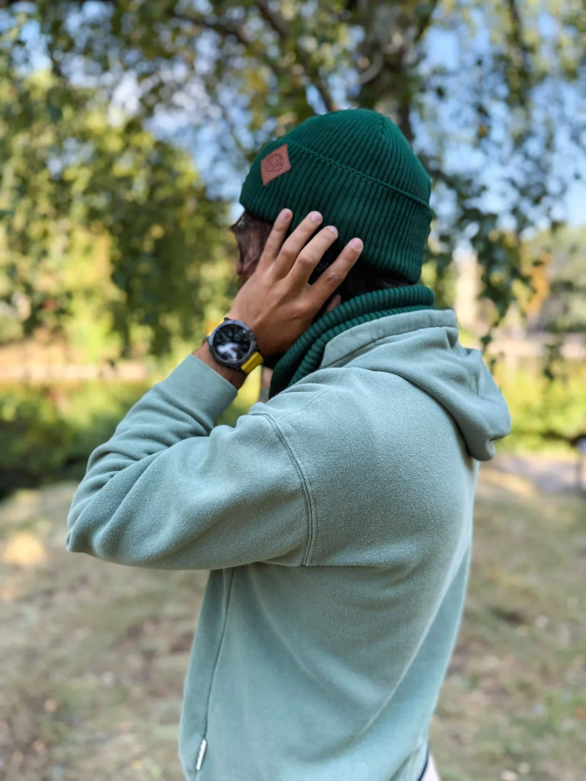 Męska bawełniana czapka beanie logo ekoskórka "Zielony" - obrazek 4